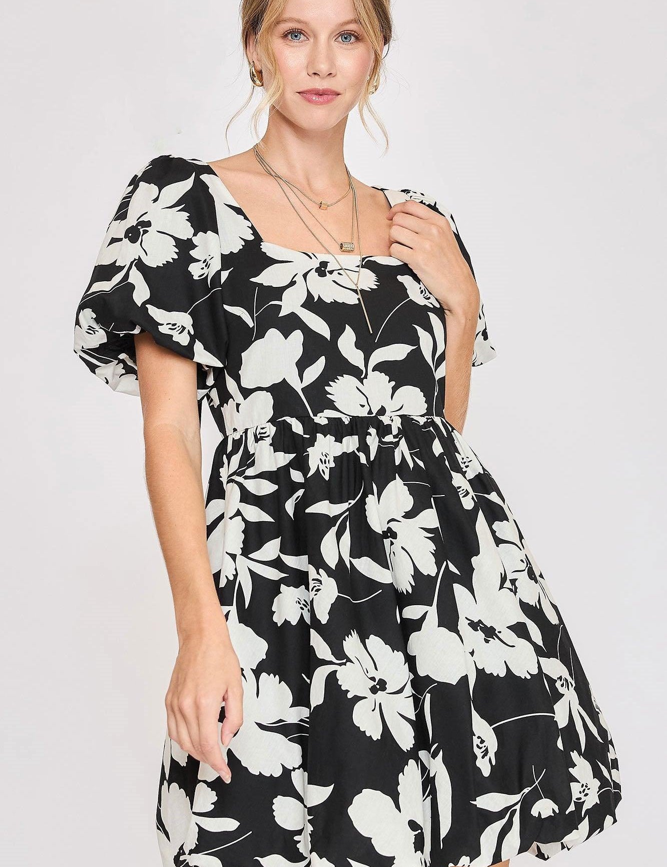 Black White S Umgee Full Size Two Tone Floral Print Babydoll Dress Plus Size | Babydoll Dresses Daverri Fashions