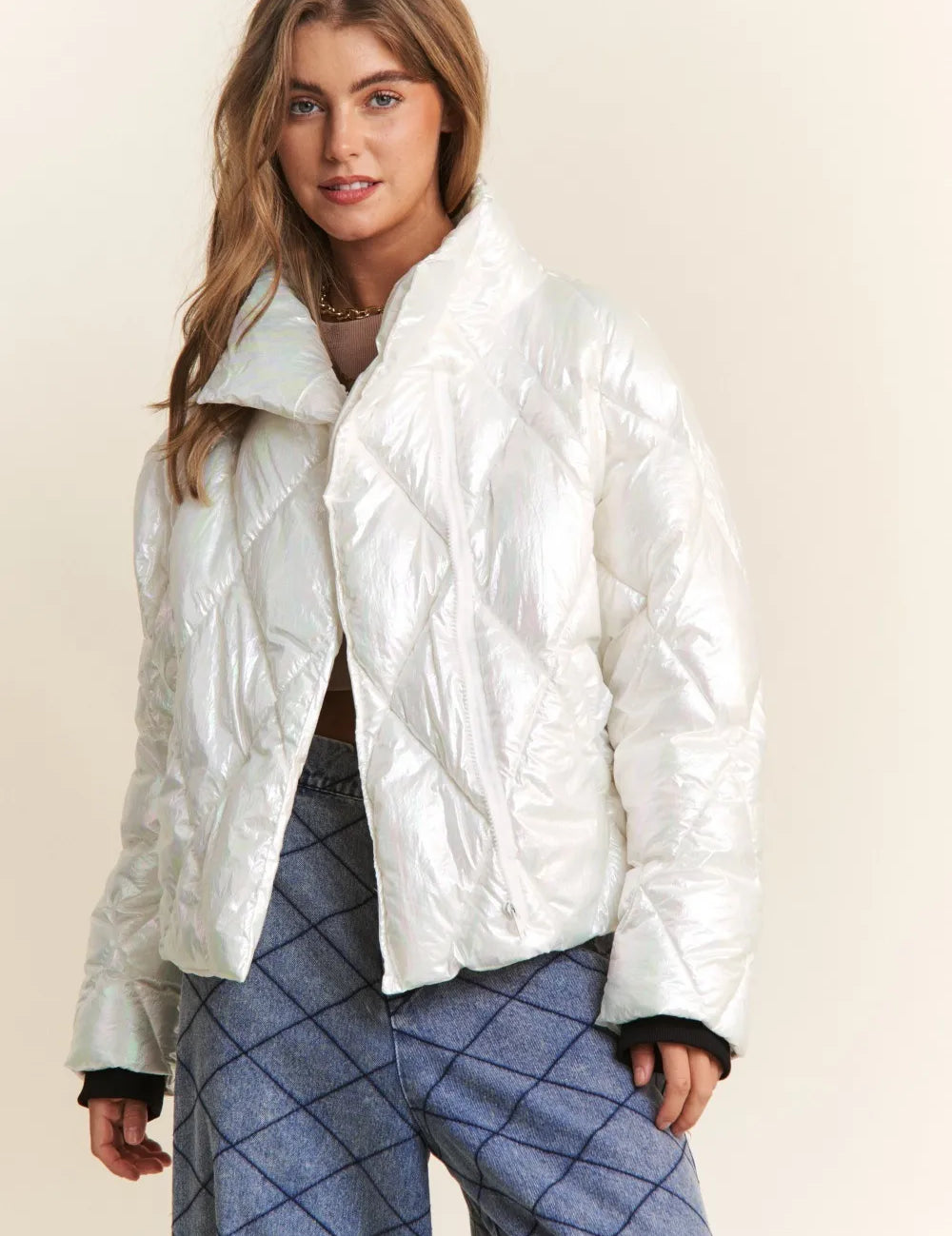 Winter Glass J.NNA Quilted Mock Neck Puffer Jacket | Puffer Jackets Daverri Fashions