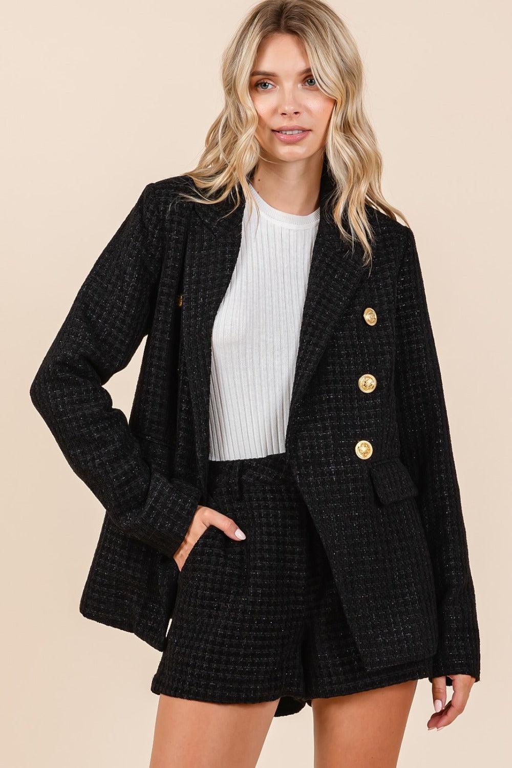 Mittoshop Plaid Texture Double-Breasted Long Sleeve Blazer | Daverri Fashions