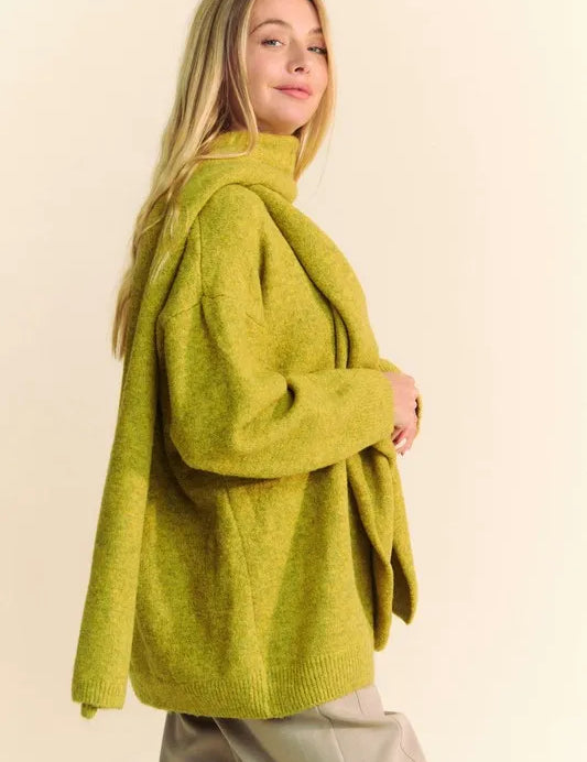 Davi & Dani V-Neck Dropped Shoulder Sweater with Scarf | Sweaters Daverri Fashions