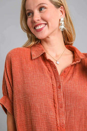 Umgee Full Size Cotton Gauze Mineral Wash Button Down Shirt Plus Size | Daverri Fashions