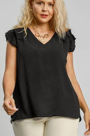 Umgee Full Size V-Neck Double Layered Ruffle Sleeve Blouse | Blouses Daverri Fashions