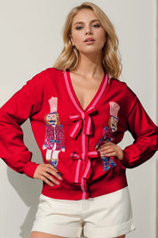 Red Double Take Full Size Nutcracker Sequin Bow Decor Cardigan | Cardigans Daverri Fashions