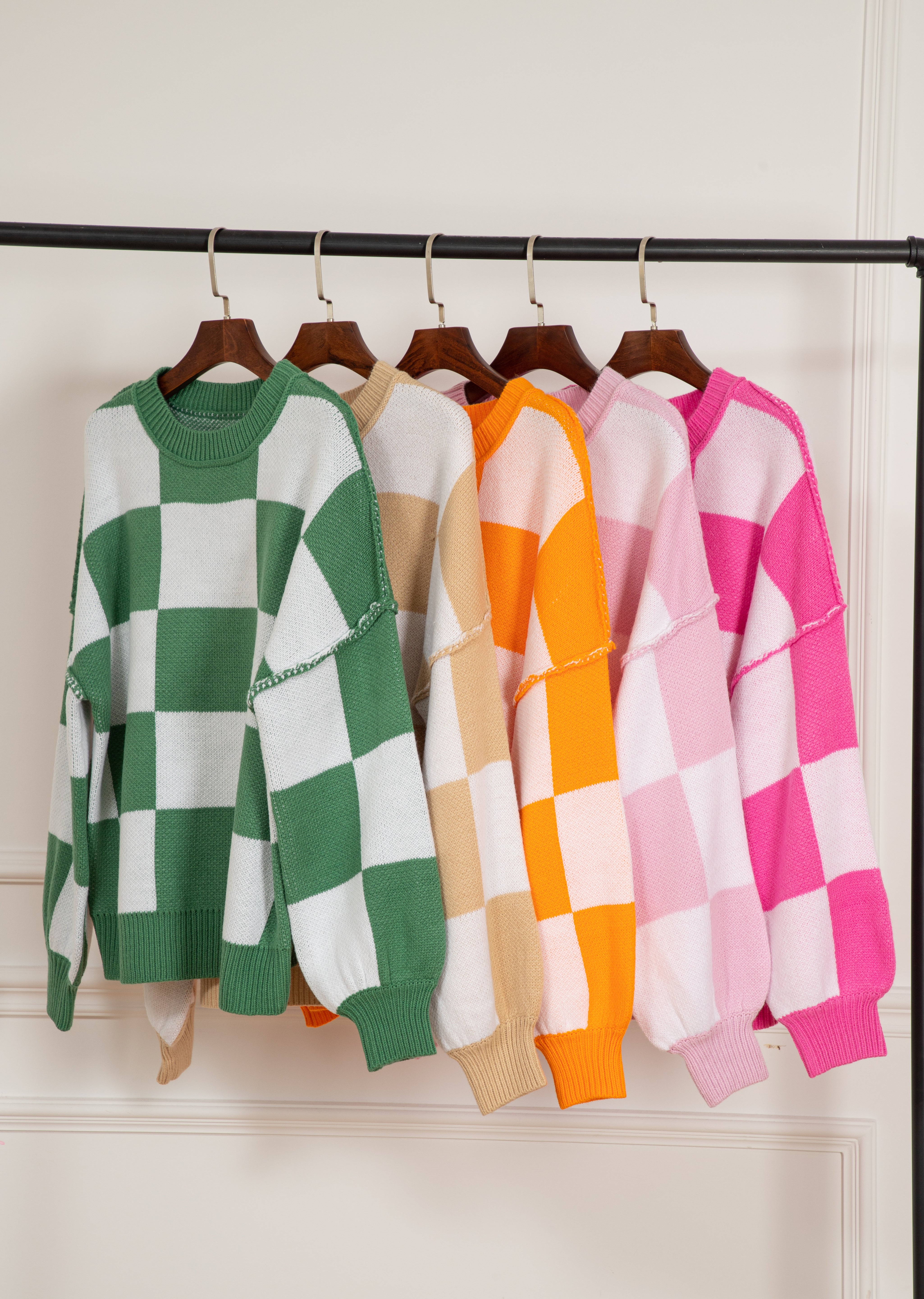Checkered Bishop Sleeve Sweater | Sweaters Daverri Fashions