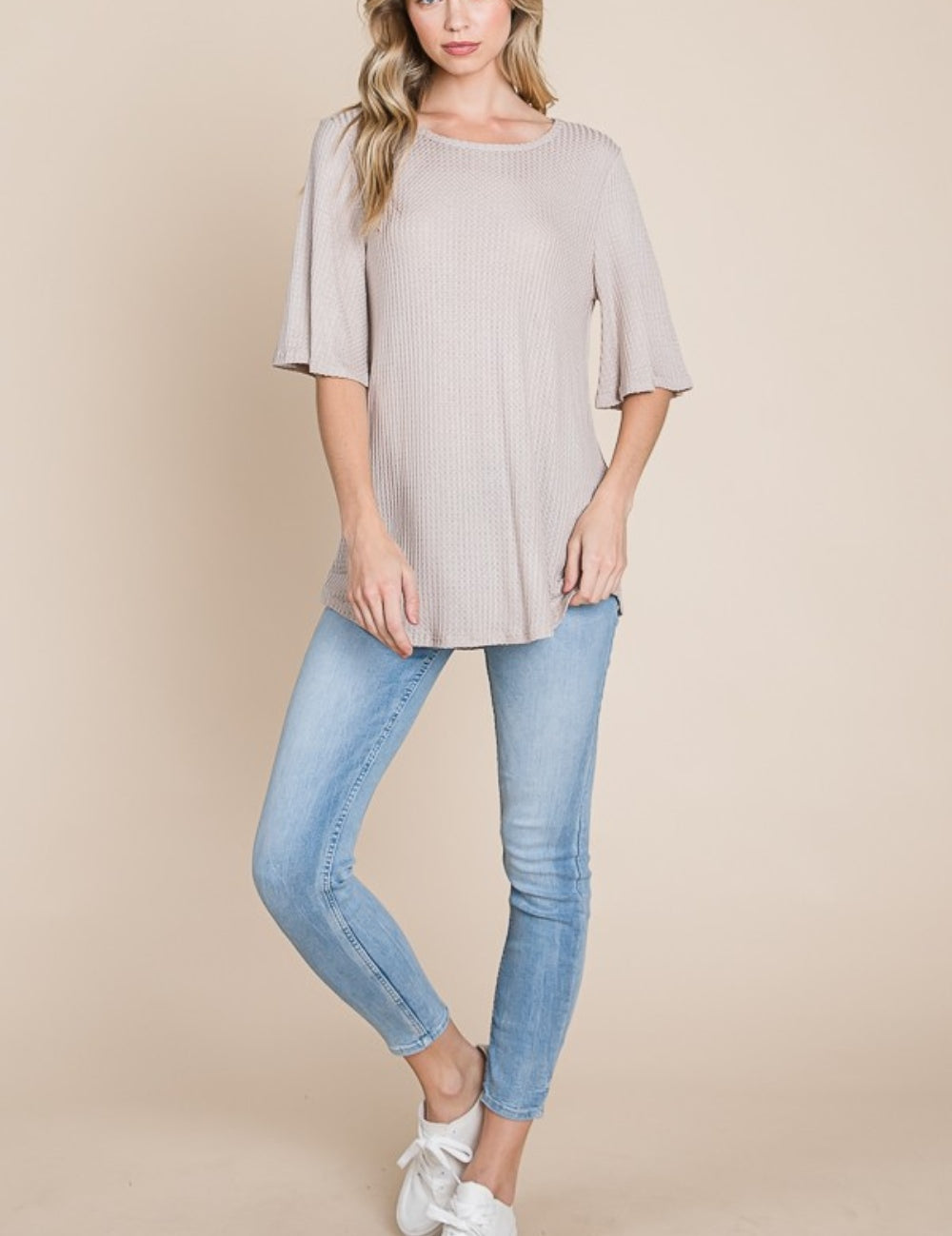 BOMBOM Round Neck Waffle Knit T-Shirt | Daverri Fashions