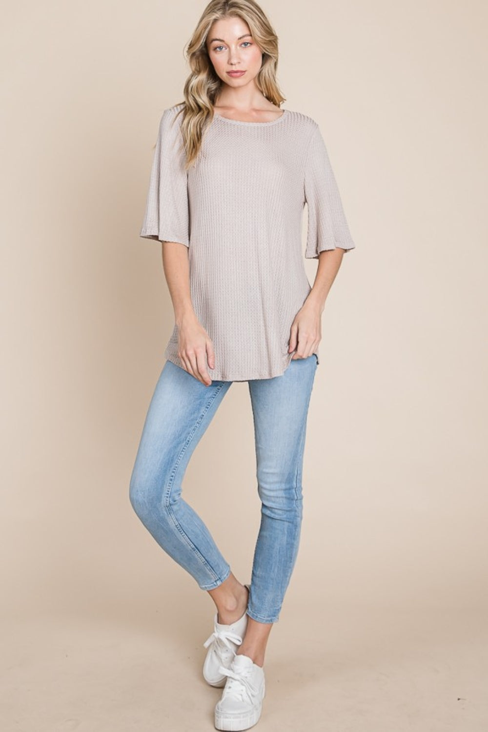 BOMBOM Round Neck Waffle Knit T-Shirt | Daverri Fashions