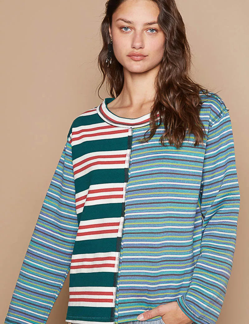 POL Color Block Striped Round Neck Long Sleeve T-Shirt | T-Shirts Daverri Fashions
