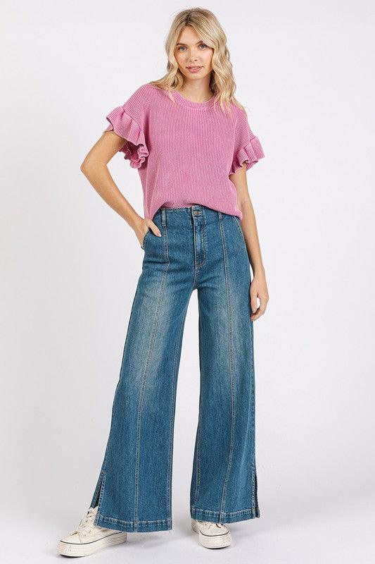 Mittoshop Medium Wash Seam Detail Wide Leg Denim Jeans | Jeans Daverri Fashions