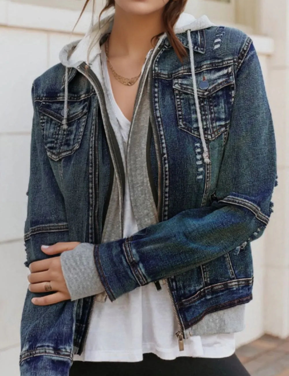 Dark Blue Faux Two-Piece Hooded Zip-Up Denim Jacket | Denim Jackets Daverri Fashions