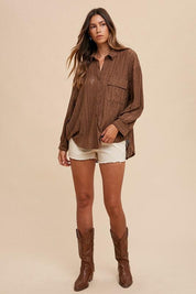 Annie Wear Openwork Button Down Drop Shoulder Shirt | Tops Daverri Fashions