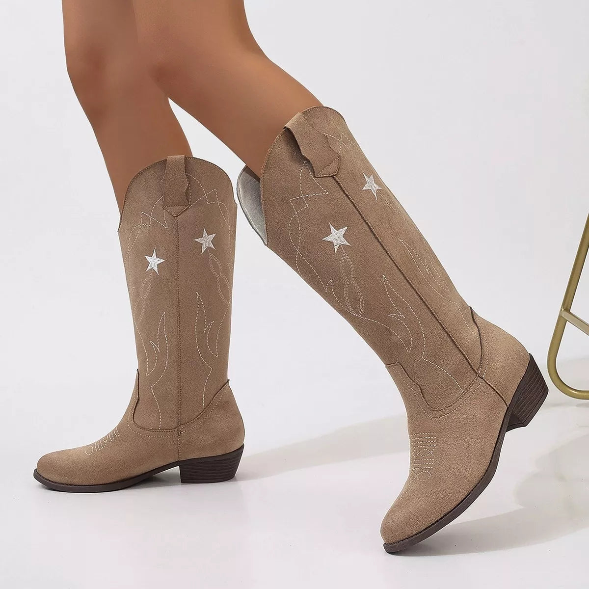 Khaki Western Star Embroidered Cowboy Boots | Boots Daverri Fashions
