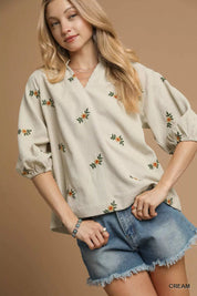 Cream Umgee Corduroy Floral Embroidered Puff Sleeve Blouse | Blouses Daverri Fashions