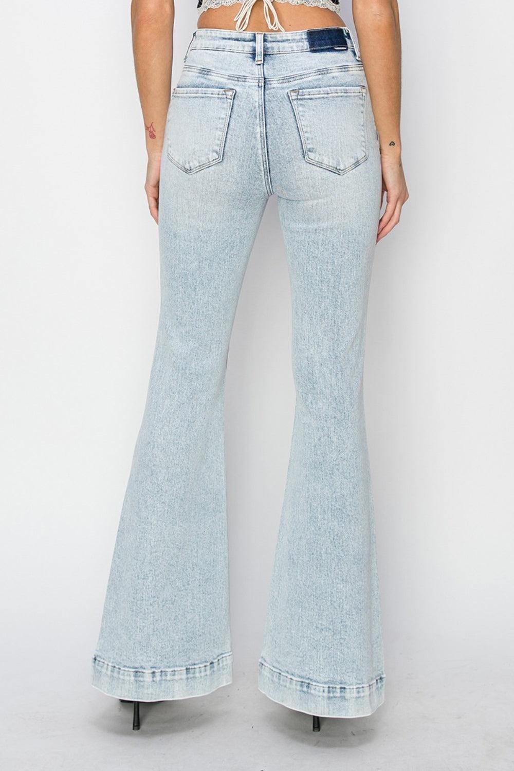 High Rise Front Patch Pocket Flare Jeans | Jeans Daverri Fashions