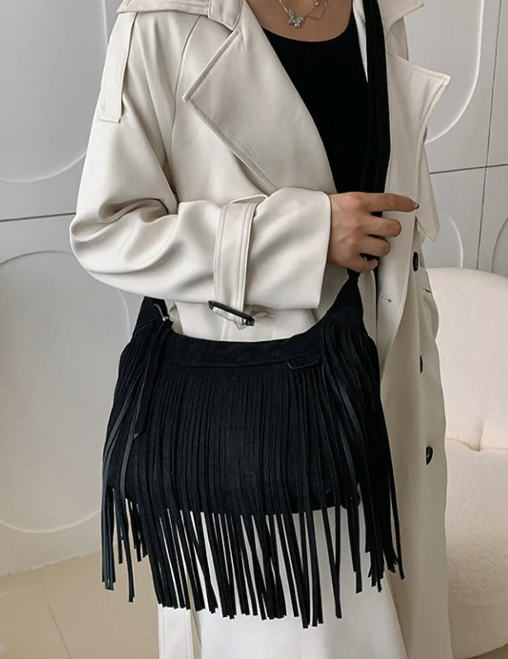 Suede Fringe Adjustable Strap Shoulder Bag | Handbags Daverri Fashions