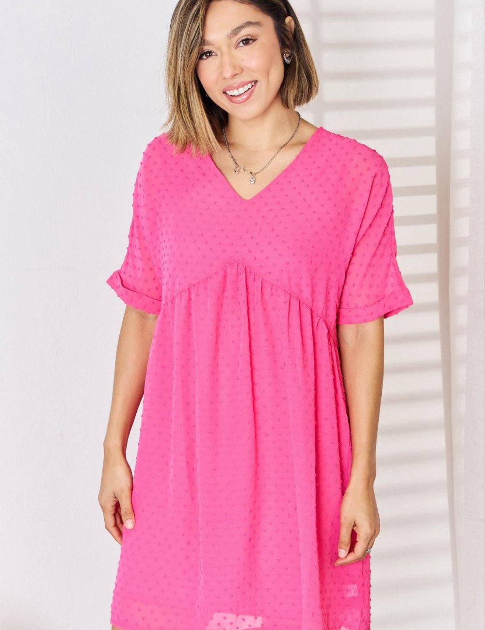 Red-Violet S Zenana Swiss Dot Rolled Short Sleeve Babydoll Dress | Babydoll Dresses Daverri Fashions