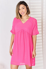 Red-Violet S Zenana Swiss Dot Rolled Short Sleeve Babydoll Dress | Babydoll Dresses Daverri Fashions