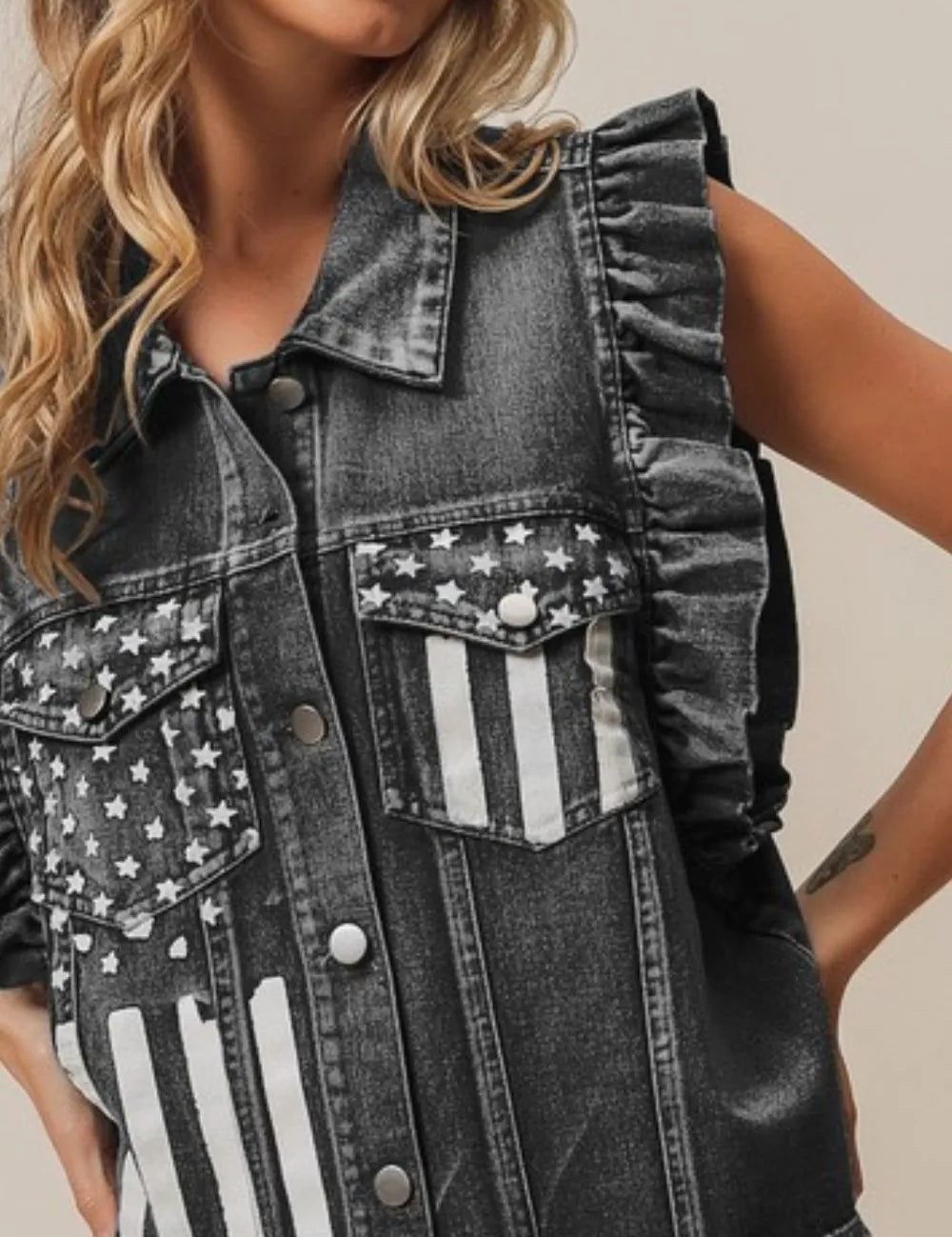 BiBi American Flag Washed Denim Jacket | Denim Jackets Daverri Fashions