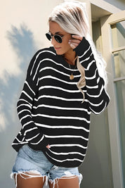 Black Striped Round Neck Drop Shoulder Sweater | Sweaters Daverri Fashions