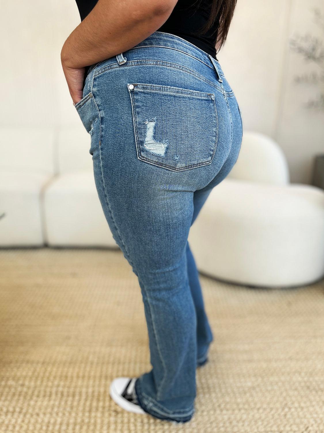 Judy Blue Full Size Mid Rise Destroyed Hem Distressed Jeans | Jeans Daverri Fashions