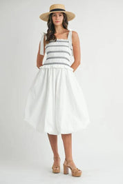 Off White S MABLE Smocked Bodice Bubble Midi Dress | Daverri Fashions