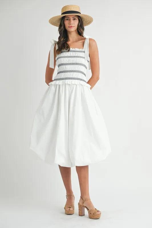 Off White S MABLE Smocked Bodice Bubble Midi Dress | Daverri Fashions