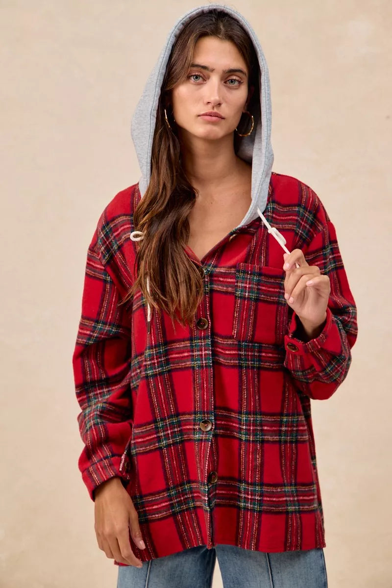 BiBi Brushed Plaid Hooded Jacket | Jackets Daverri Fashions