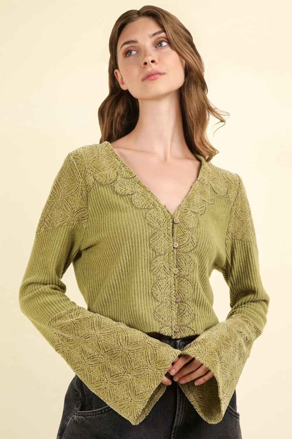 VERY J V-Neck Lace Detail Button Down Crop Ribbed Knit Top | Knit Tops Daverri Fashions