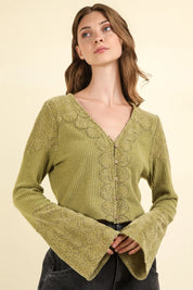 VERY J V-Neck Lace Detail Button Down Crop Ribbed Knit Top | Knit Tops Daverri Fashions