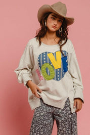 BiBi LOVE Heart Patch Slit French Terry Sweatshirt | Sweatshirts Daverri Fashions