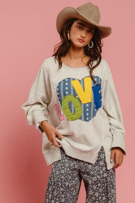 BiBi LOVE Heart Patch Slit French Terry Sweatshirt | Sweatshirts Daverri Fashions
