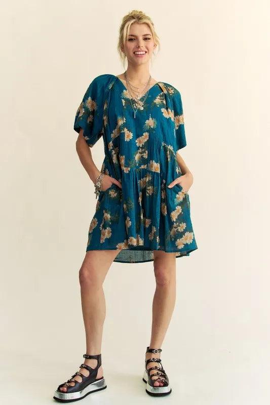 Davi & Dani Floral Print Short Bell Sleeve Pleated Mini Dress | Mini Dresses Daverri Fashions