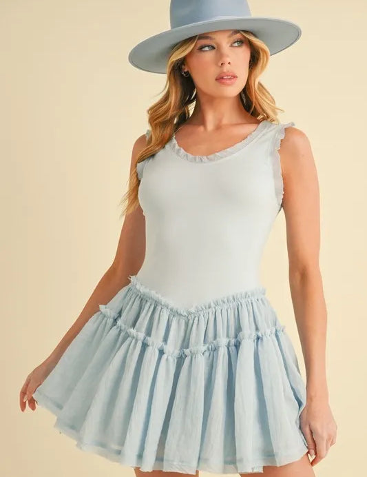 SKY Aemi+Co Frill Sleeveless Drop Waist Mini Dress | Daverri Fashions