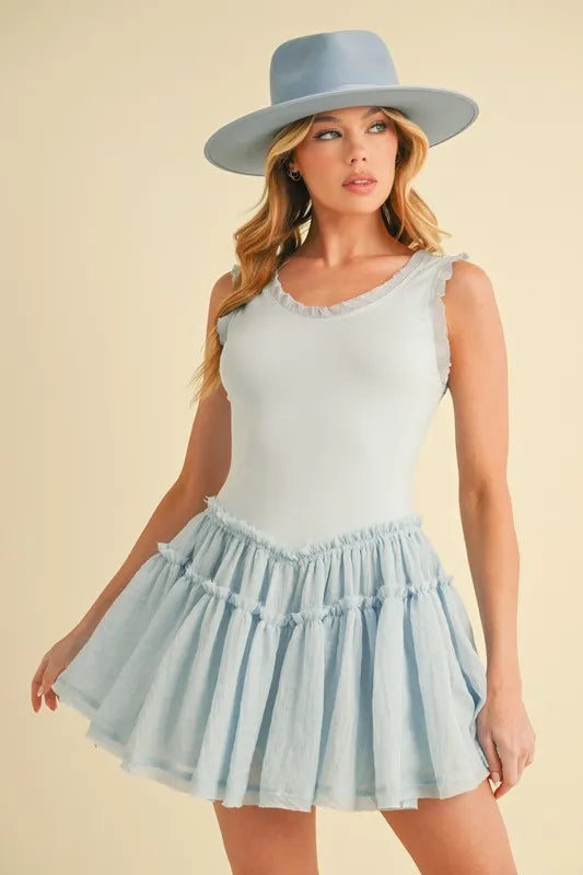 SKY Aemi+Co Frill Sleeveless Drop Waist Mini Dress | Daverri Fashions