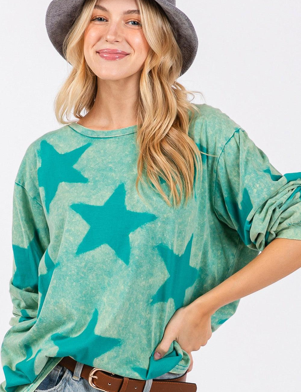 Turquoise M SAGE + FIG Mineral Wash Star Pattern T-Shirt | T-Shirts Daverri Fashions