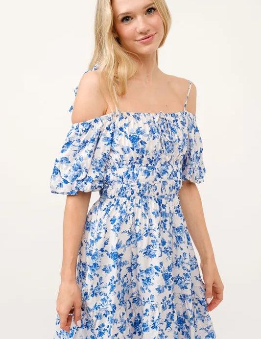 White Blue M And The Why Off Shoulder Bubble Sleeve Dress | Mini Dresses Daverri Fashions