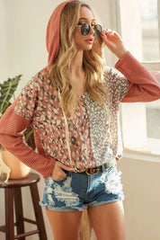 BiBi Popcorn Waffle Knit Hoodie with Print Block Front | Hoodies Daverri Fashions