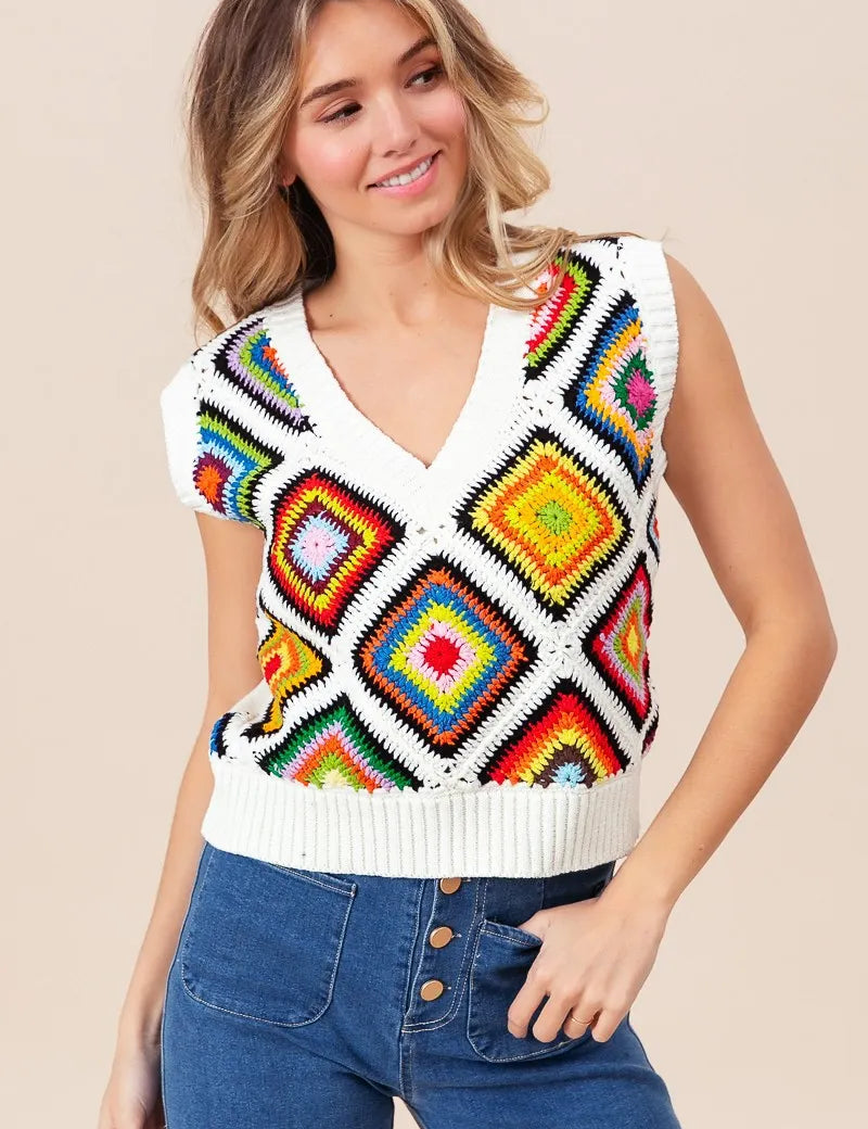 BiBi Diamond Granny Square Sweater Vest | Sweater Vests Daverri Fashions