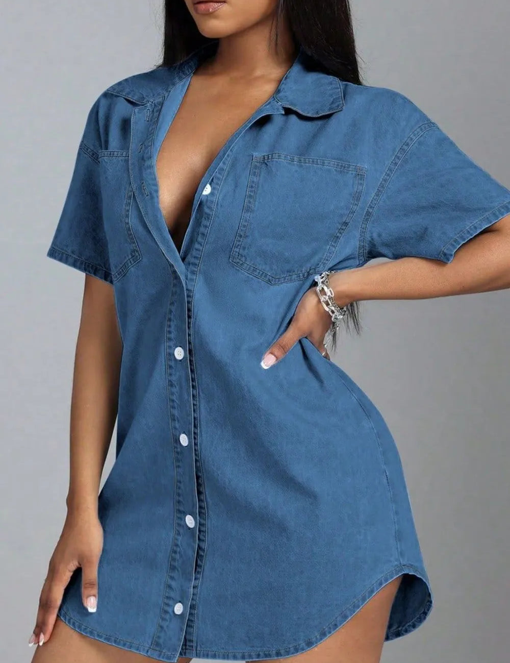 Button Down Collared Neck Denim Dress | Daverri Fashions