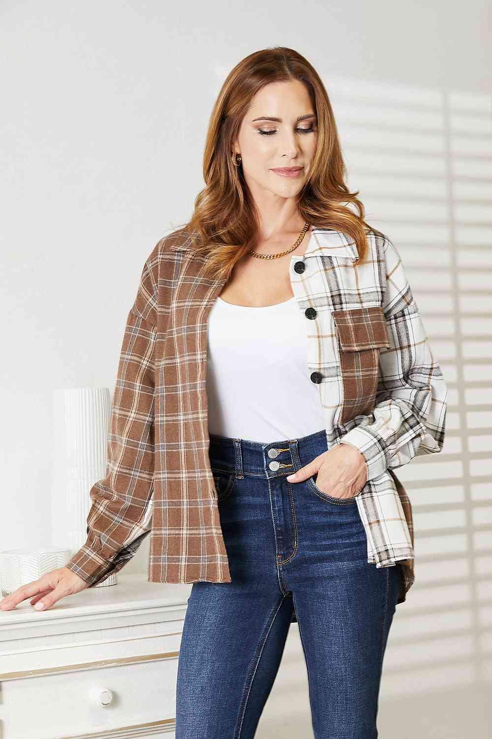 Double Take Plaid Contrast Button Up Shirt Jacket | Shackets Daverri Fashions