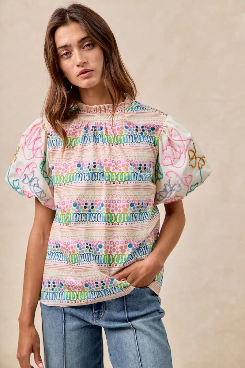 BiBi Ruffle Neckline Blouse With Embroidery Bubble Sleeve | Daverri Fashions