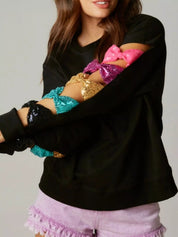 Sequin Bow Cutout Round Neck Sweatshirt | Sweatshirts Daverri Fashions