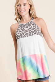BiBi Leopard and Tie Dye Block Halter Neck Top | Tops Daverri Fashions
