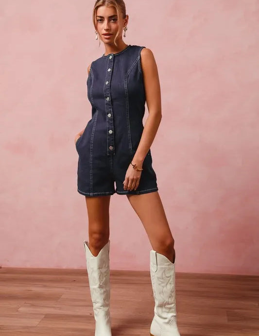 SO ME Button Up Front Washed Denim Sleeveless Romper | Rompers Daverri Fashions