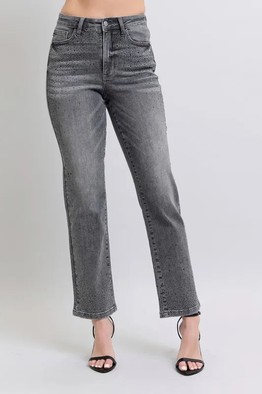 GRY Judy Blue Full Size High Waist Rhinestone Straight Jeans Plus Size | Daverri Fashions