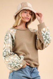 VERY J Printed Long Sleeve Round Neck Knit Top Camel | Knit Tops Daverri Fashions