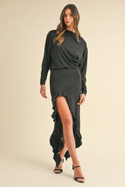 Black Mable Backless Asymmetric Ruffle Hem Dress | Daverri Fashions