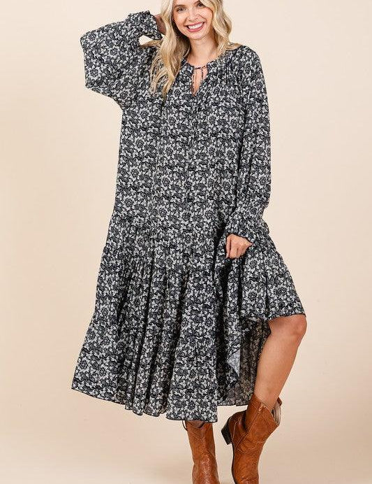 Dark Navy Mittoshop Printed Tie Neck Flounce Sleeve Midi Dress | Mid Dresses Daverri Fashions