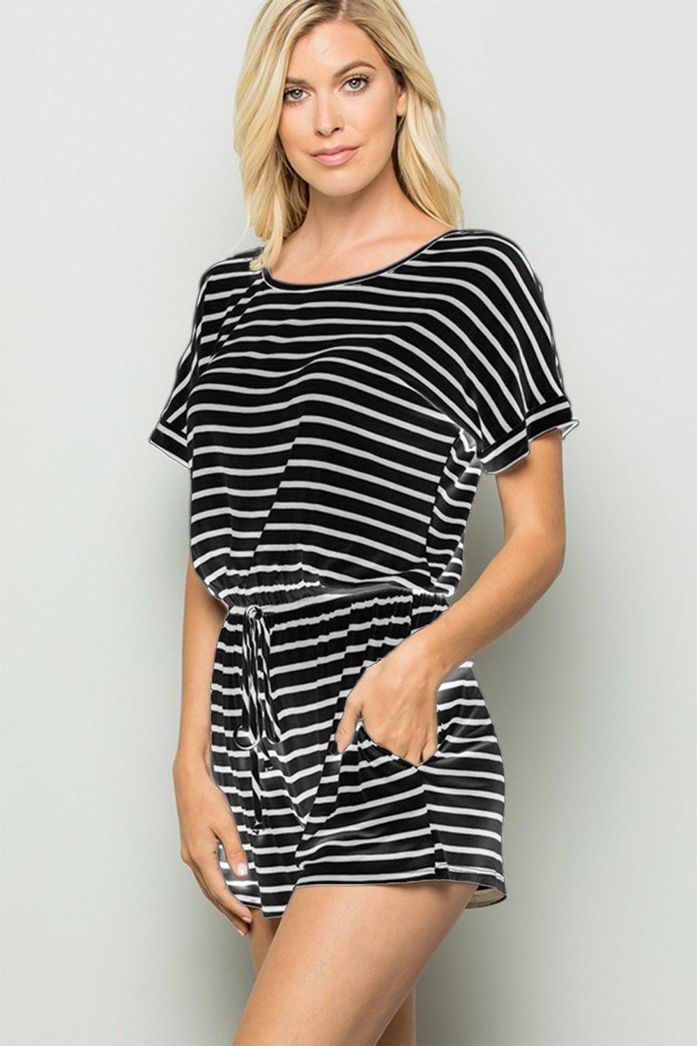 Heimish Full Size Striped Round Neck Short Sleeve Romper | Rompers Daverri Fashions