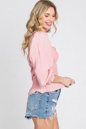 GeeGee Full Size Ruffled Smocked Frill Square Neck Top Plus Size | Tops Daverri Fashions