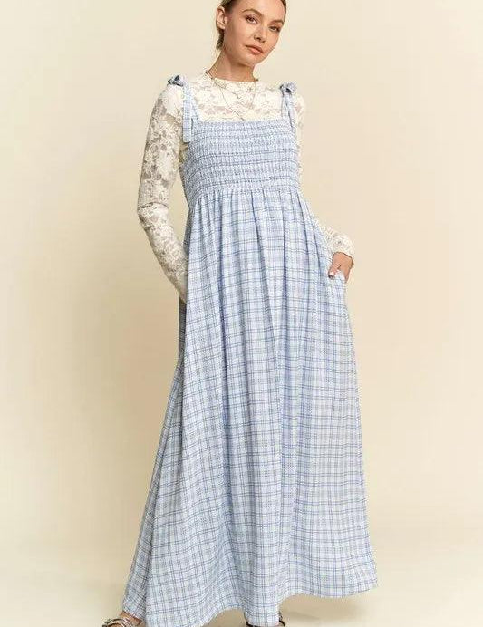 Blue S Davi & Dani Plaid Smocking Sleeveless Maxi Dress | Maxi Dresses Daverri Fashions